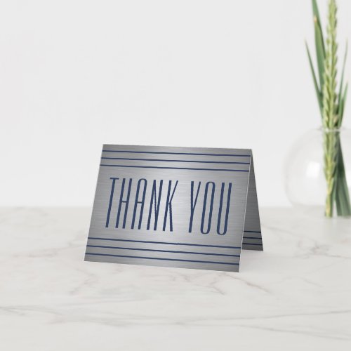Elegant Simple Navy Blue  Brushed Silver Striped Thank You Card