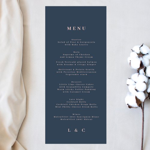 Elegant Simple Navy Blue Dusty Rose Monogram Menu