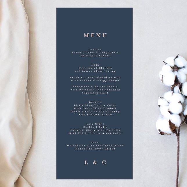 Elegant Simple Navy Blue Dusty Rose Monogram Menu (Creator Uploaded)