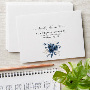 Elegant Simple Navy Blue Floral Boho Wedding Envelope