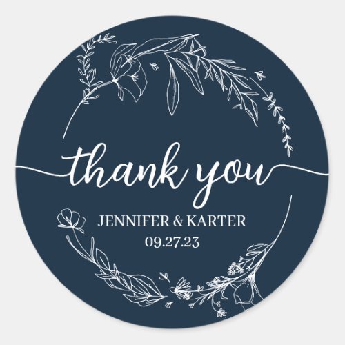 Elegant Simple Navy Blue Floral Wreath Thank You Classic Round Sticker