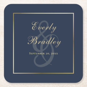 Elegant Simple Navy Blue Gold Border Script Square Paper Coaster