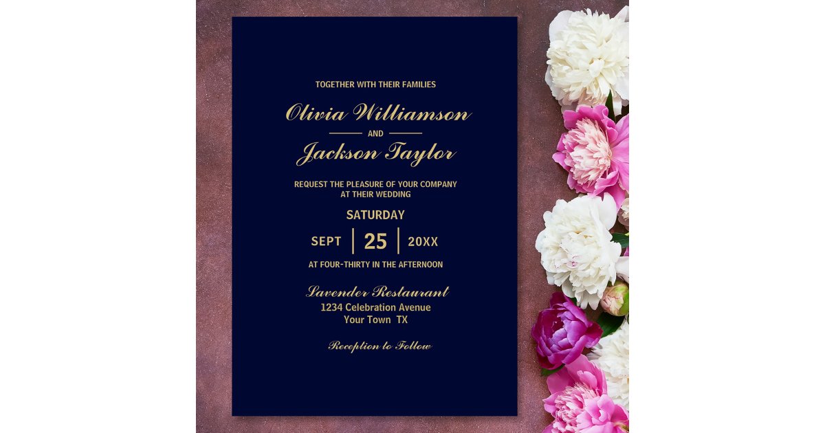 Elegant Simple Navy Blue Gold Wedding Invitation | Zazzle