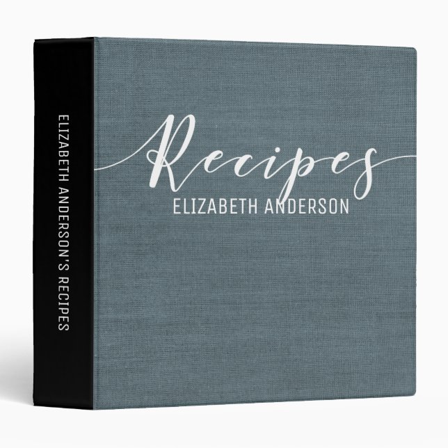 Elegant Simple Navy Blue Linen Recipe Cookbook 3 Ring Binder (Front/Spine)