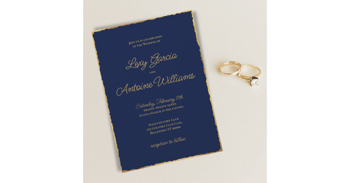 Elegant Simple Navy Blue Luxe Gold Edge Wedding Invitation | Zazzle