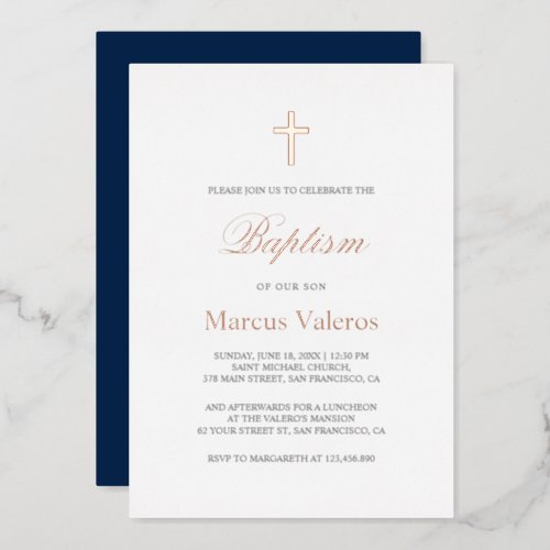 Elegant Simple Navy Blue ROSE GOLD Cross Baptism   Foil Invitation