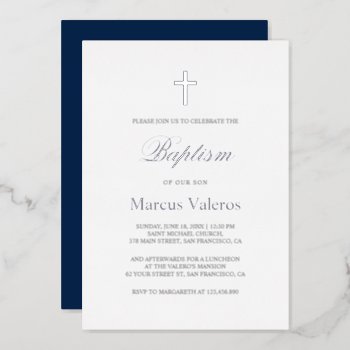 Elegant Simple Navy Blue  Silver Cross Baptism   Foil Invitation by CitronellaKids at Zazzle