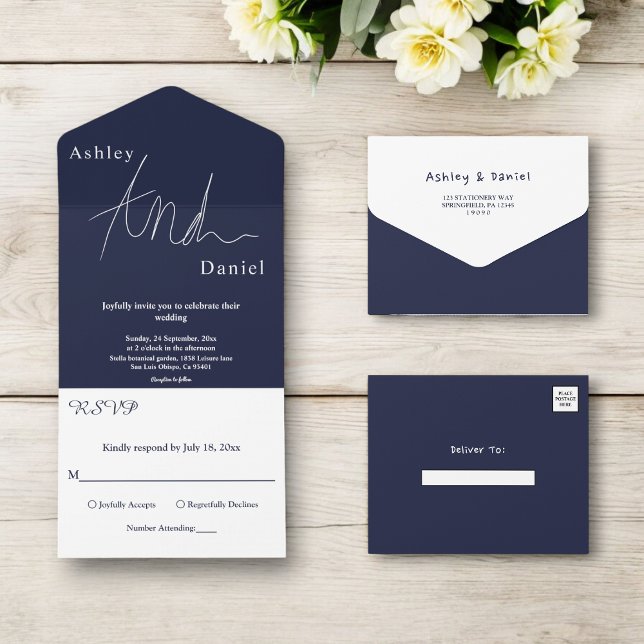 Elegant Simple Navy Blue White Calligraphy Wedding All In One Invitation (Creator Uploaded)