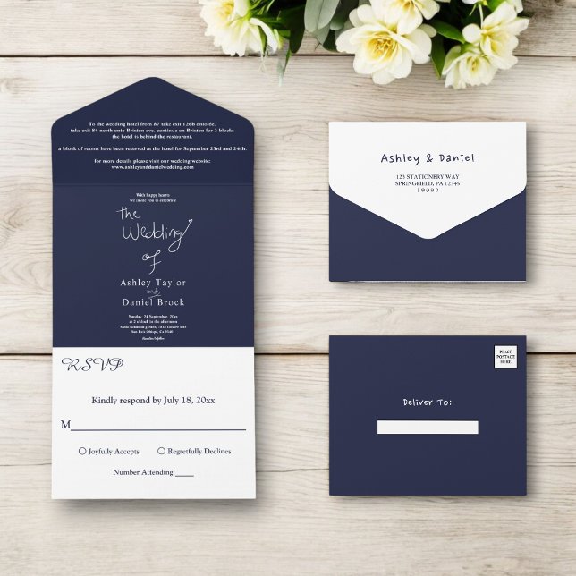 Elegant Simple Navy Blue White Modern Chic Wedding All In One Invitation (Creator Uploaded)