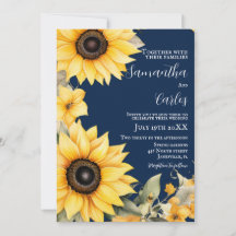 Elegant, simple Navy, sunflower wedding Invitation