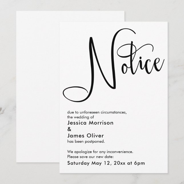 Elegant Simple Notice Postponed Wedding Card (Front/Back)