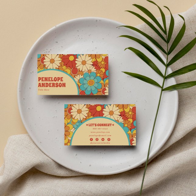 Elegant Simple Orange Blue Retro Groovy Floral  Business Card (Creator Uploaded)