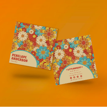 Elegant Simple Orange Blue Retro Groovy Floral  Square Business Card by marshopART at Zazzle