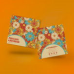 Elegant Simple Orange Blue Retro Groovy Floral  Square Business Card at Zazzle