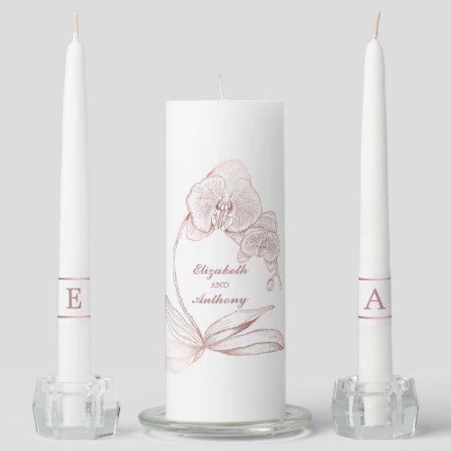 Elegant Simple Orchid Monogram Rose Gold Wedding Unity Candle Set