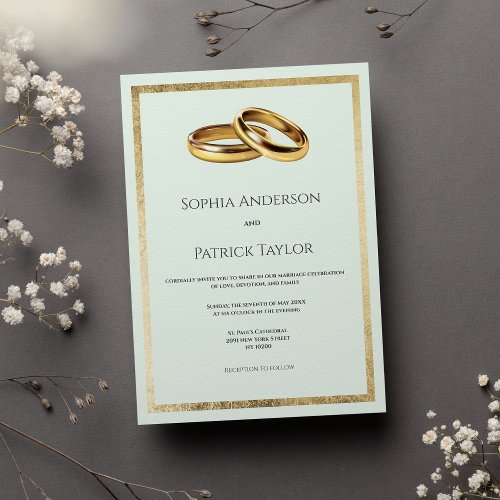 Elegant simple pastel green gold rings Wedding  Invitation