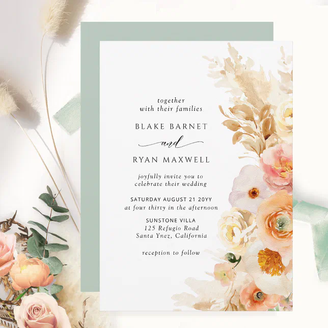 Elegant, Simple Peach Blush Cream and Sage Wedding Invitation | Zazzle