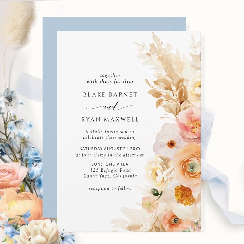 Elegant Simple Peach Blush Cream Blue Wedding Invitation