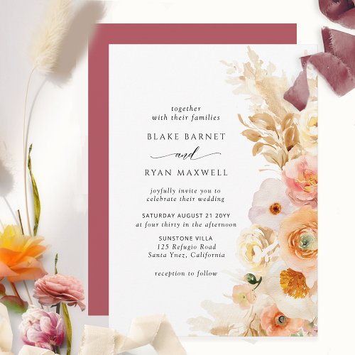 Elegant Simple Peach Blush Cream Burgundy Wedding Invitation