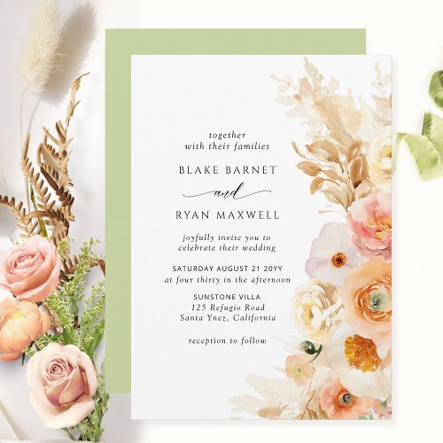 Elegant Simple Peach Blush Cream Green Wedding Invitation