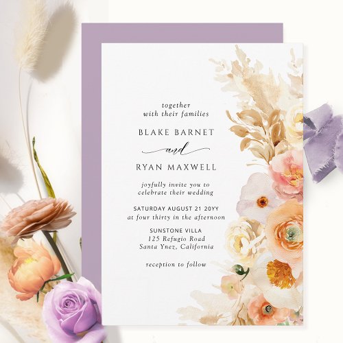 Elegant Simple Peach Blush Cream Lavender Wedding Invitation