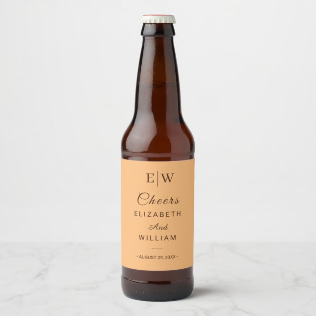Elegant Simple Peach Monogram Wedding Beer Bottle Label (Front)