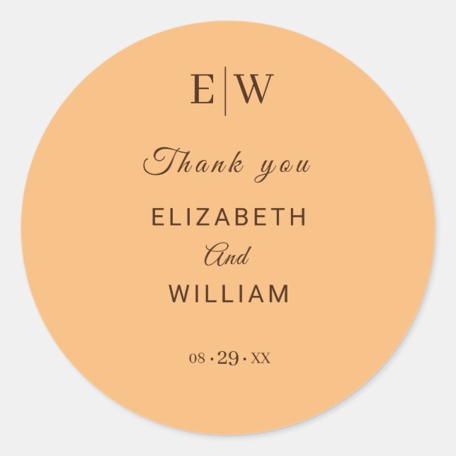 Elegant Simple Peach Monogram Wedding Classic Round Sticker (Front)