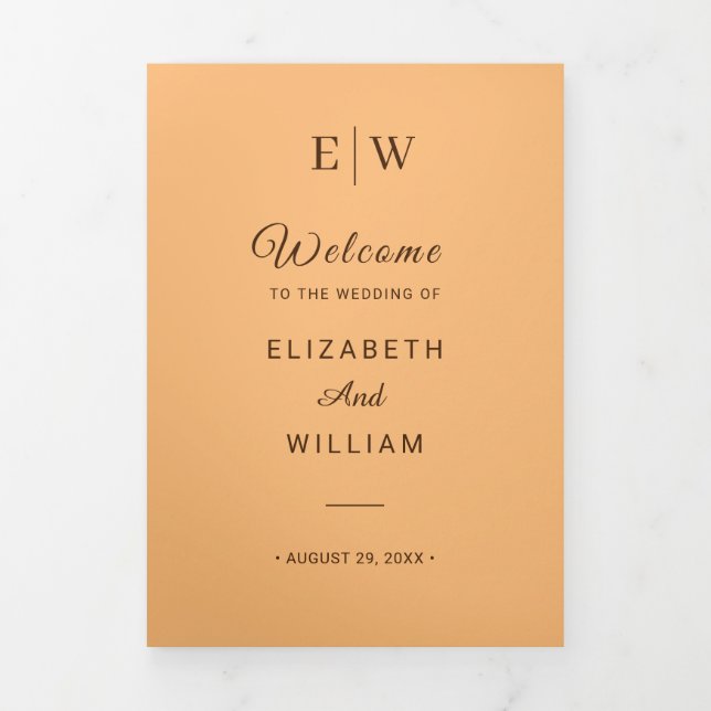Elegant Simple Peach Monogram Wedding Tri-Fold Program (Cover)