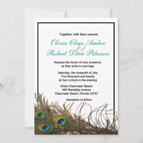 Elegant Simple Peacock Feathers Wedding Invitation