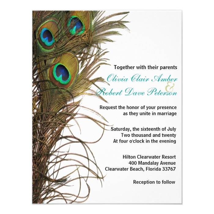 Elegant Simple Peacock Feathers Wedding Invitation Personalized Announcements