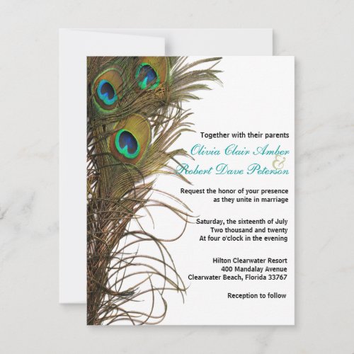 Elegant Simple Peacock Feathers Wedding Invitation