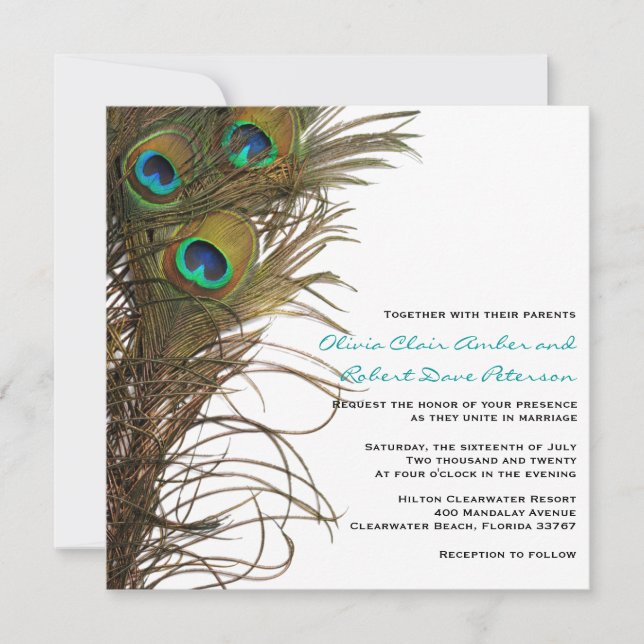 Elegant Simple Peacock Feathers Wedding Invitation (Front)