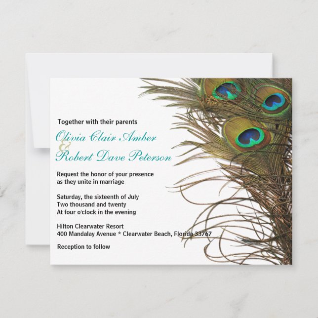 Elegant Simple Peacock Feathers Wedding Invitation (Front)