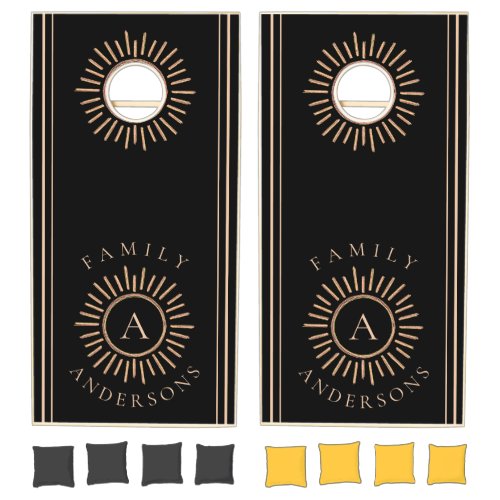 Elegant Simple Personalized Monogram Black Gold Cornhole Set