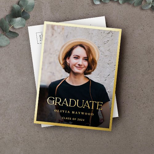 Elegant Simple Photo Gold Graduation Party Foil Invitation Postcard