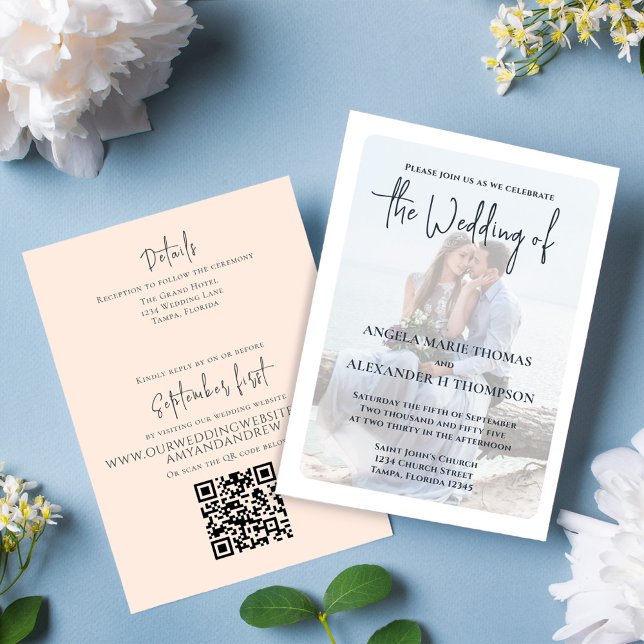 Elegant Simple Photo QR Code RSVP Online Peach Invitation (Elegant Wedding invitation with a minimalist photo vellum photo overlay effect.)