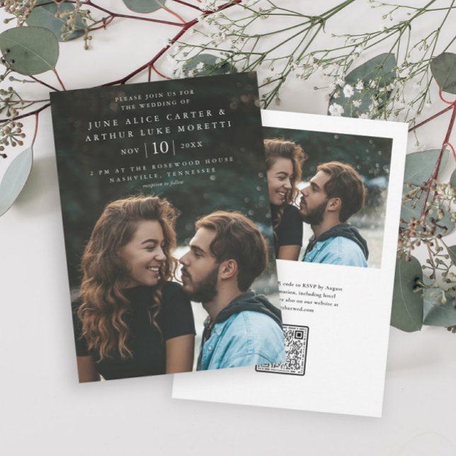 Elegant Simple Photo QR Code RSVP Wedding  Invitation (Simple type photo wedding invitation with QR Code RSVP on the back.)