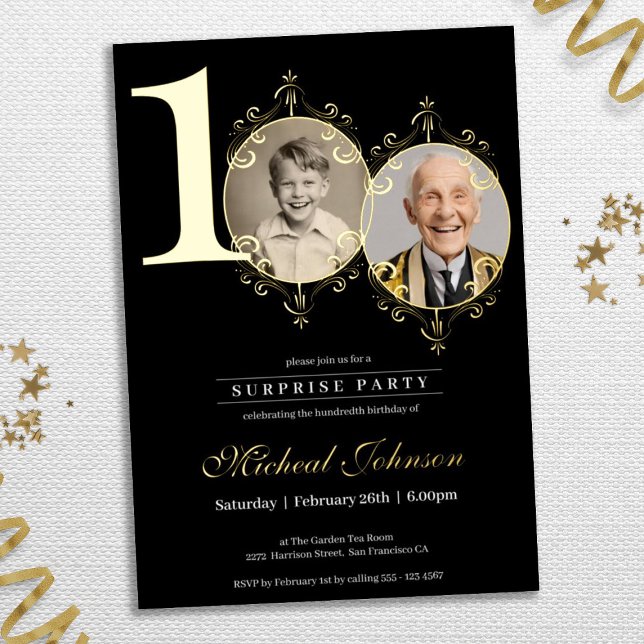 Elegant Simple Photo Surprise 100th Birthday Party Foil Invitation (Elegant Simple Photo 100th Birthday Surprise Party Foil Invitation)