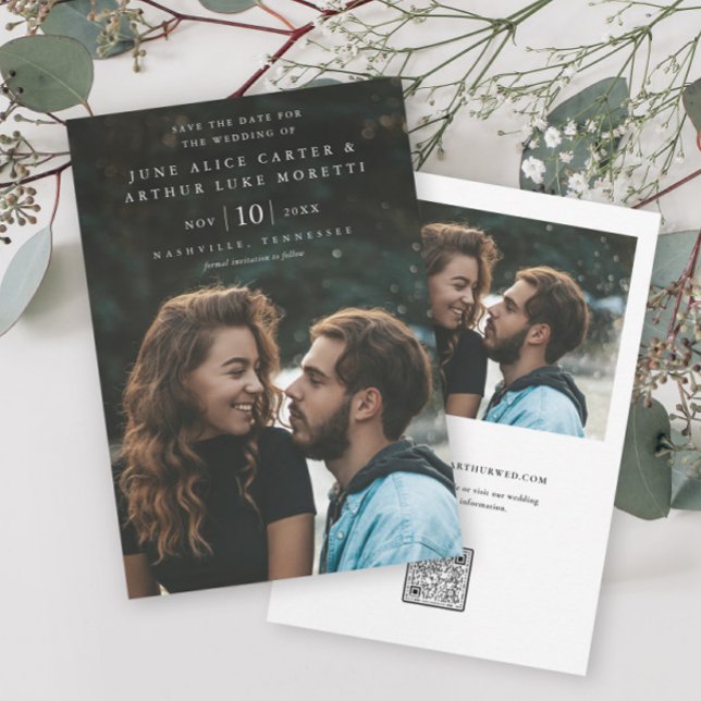 Elegant Simple Photo Wedding Save the Date Invitation (Elegant photo wedding save the date with classic typography overlay and QR code.)