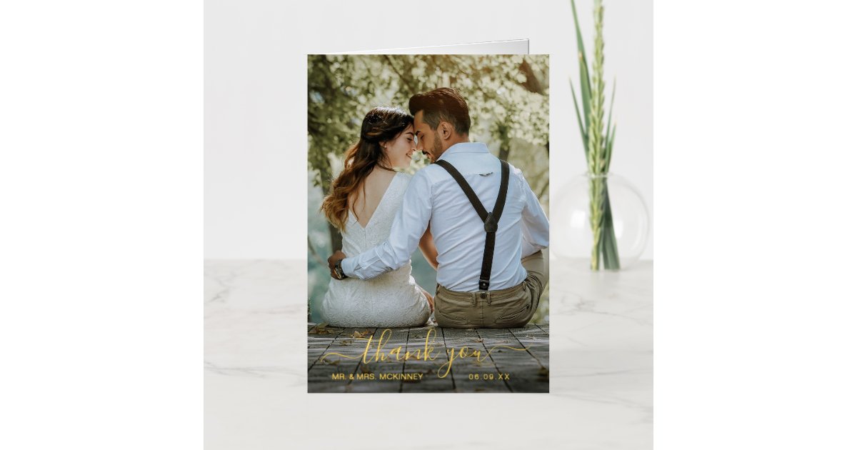 Elegant Simple Photo Wedding Thank You Gold Foil Greeting Card | Zazzle