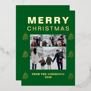 Elegant Simple Pine Tree Christmas Family 3 Photo Foil Holiday Card
