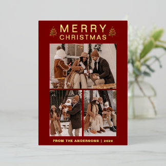 Elegant Simple Pine Tree Christmas Family 3 Photo Foil Holiday Card