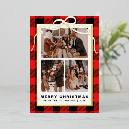 Elegant Simple Pine Tree Christmas Family 3 Photo Foil Holiday Card