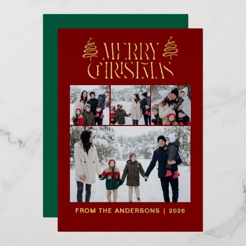 Elegant Simple Pine Tree Christmas Family 4 Photo Foil Holiday Card