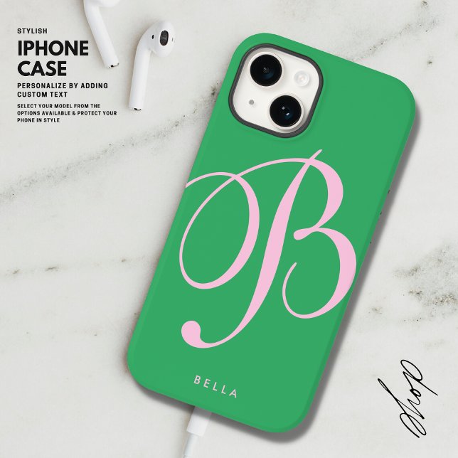 Elegant Simple Pink and Green Script Name Monogram Case-Mate iPhone Case (Creator Uploaded)