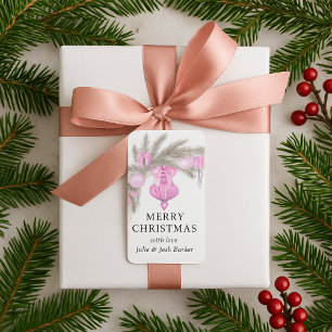 Elegant Simple Pink Bow Christmas Botanical Label