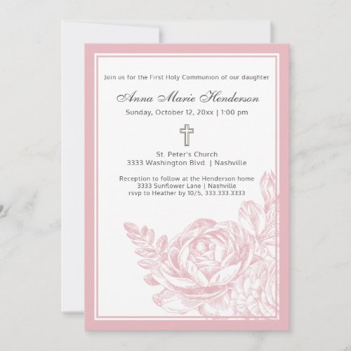 Elegant Simple Pink Floral First Holy Communion Invitation