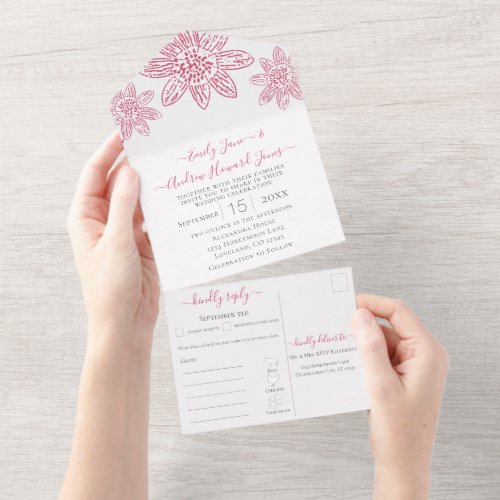 Elegant Simple Pink Floral Geometric Gold Frame  All In One Invitation
