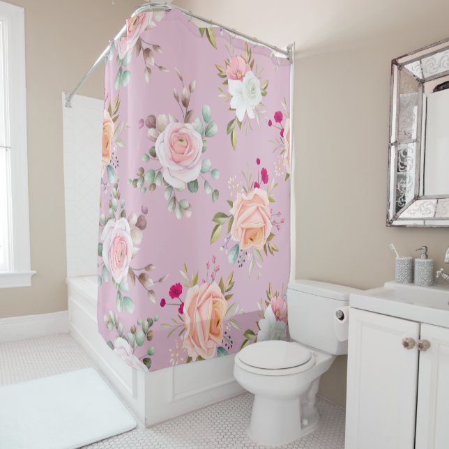 Elegant Simple Pink floral Shower Curtain (In Situ)