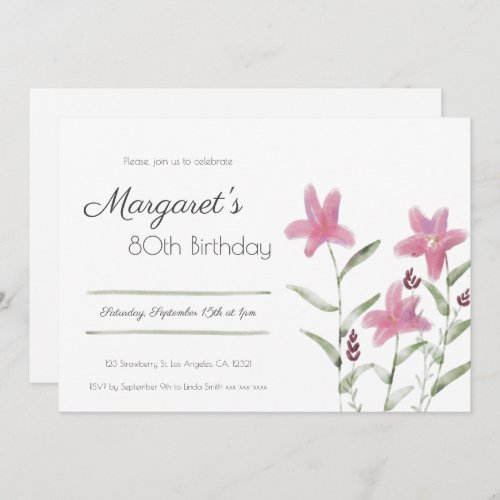 Elegant Simple Pink Floral Watercolor Birthday Invitation